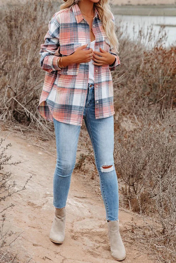 Pink Plaid Shacket Shirt Coat With Pockets